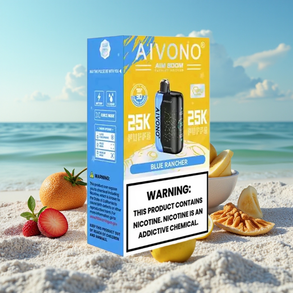 Aivono AIM BOOM 25000 Puffs Disposable Vape Zilā Ranchērs 0-5 28ml 650mAh