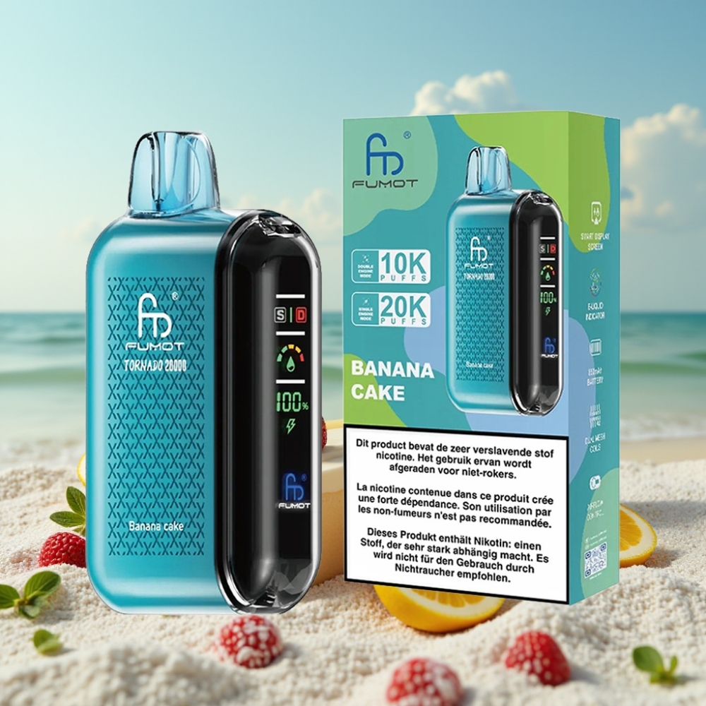 Fumot Tornado 20000 Puffs Disposable Vape Banānkūka ar 20ml e-šķidrumu un 850mAh bateriju