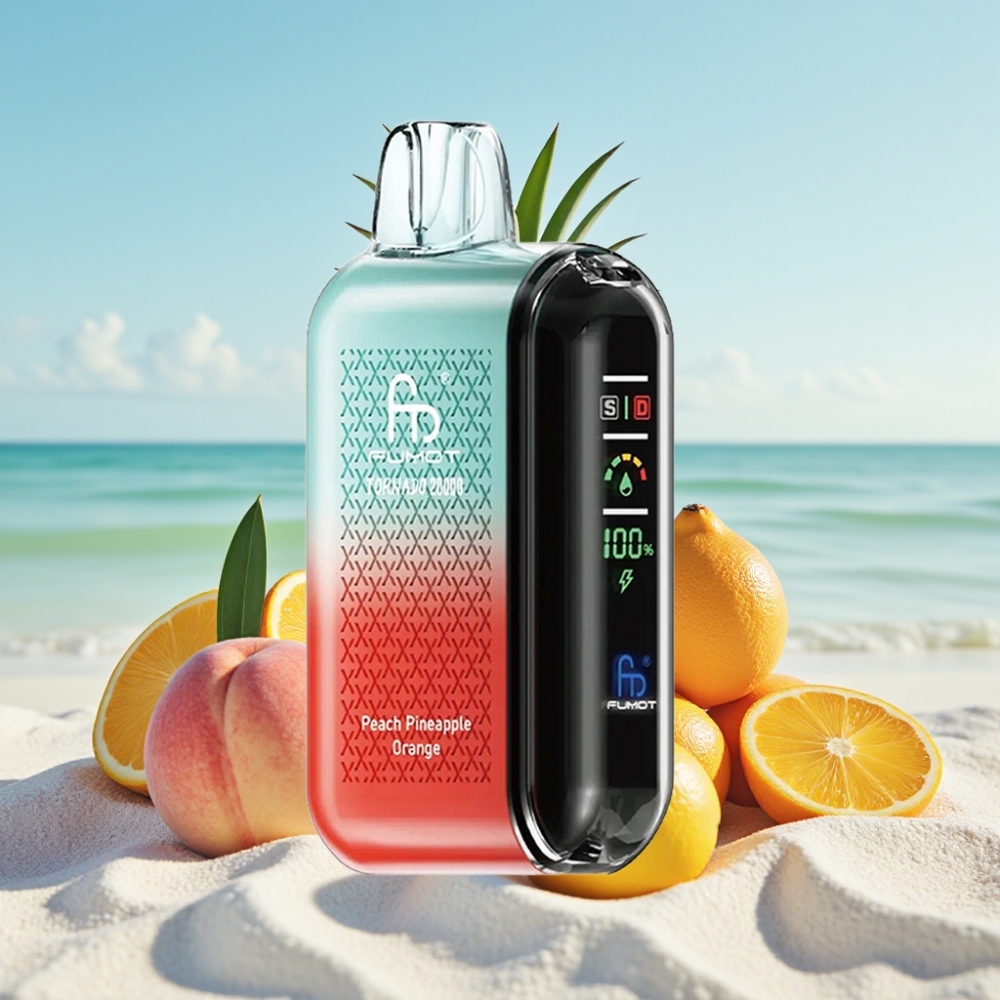 Fumot Tornado 20000 Puffs Disposable Vape Persiku Ananāsu Apelsīnu (20ml 2 Nikotīna Dual Mesh Coil)