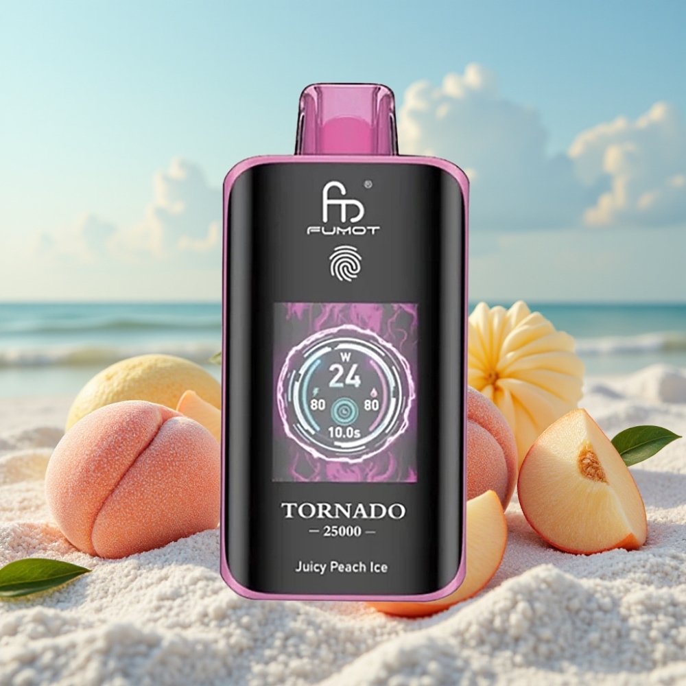 Fumot Tornado 25000 Puffs Disposable Vape Dzidrs Persiku Ledus 20ml 700mAh HD