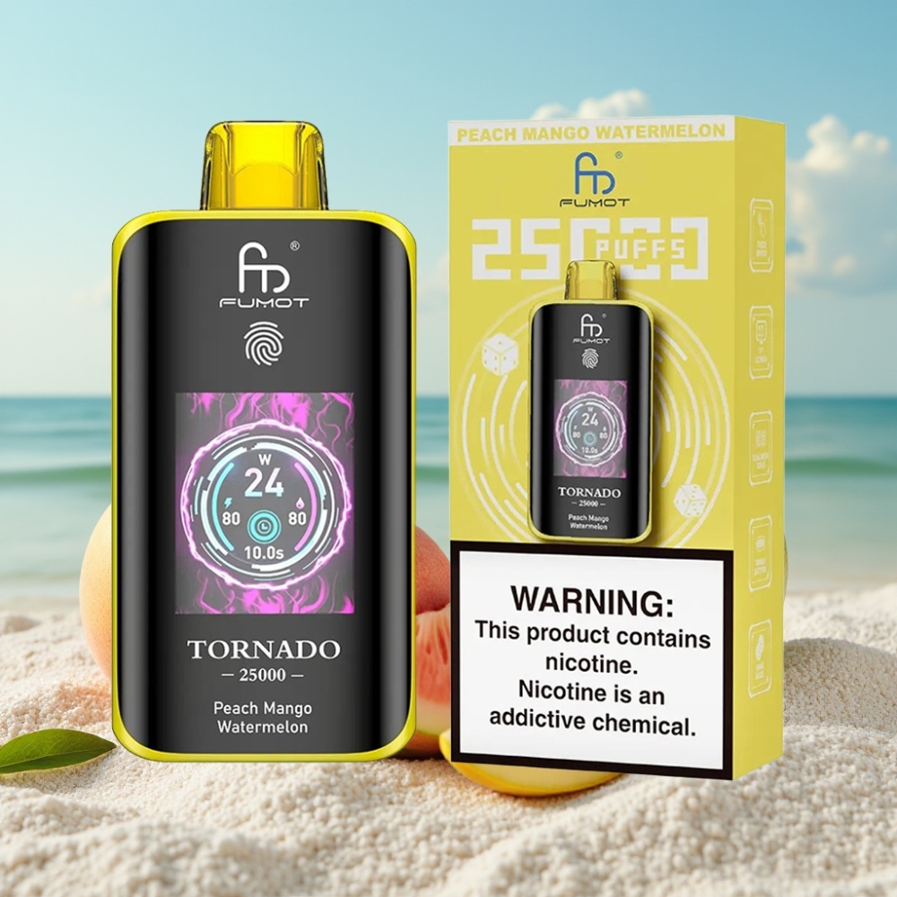 Fumot Tornado 25000 Puffs Disposable Vape Persiku Mango Arbūzs ar HD ekrānu 20ml Type-C