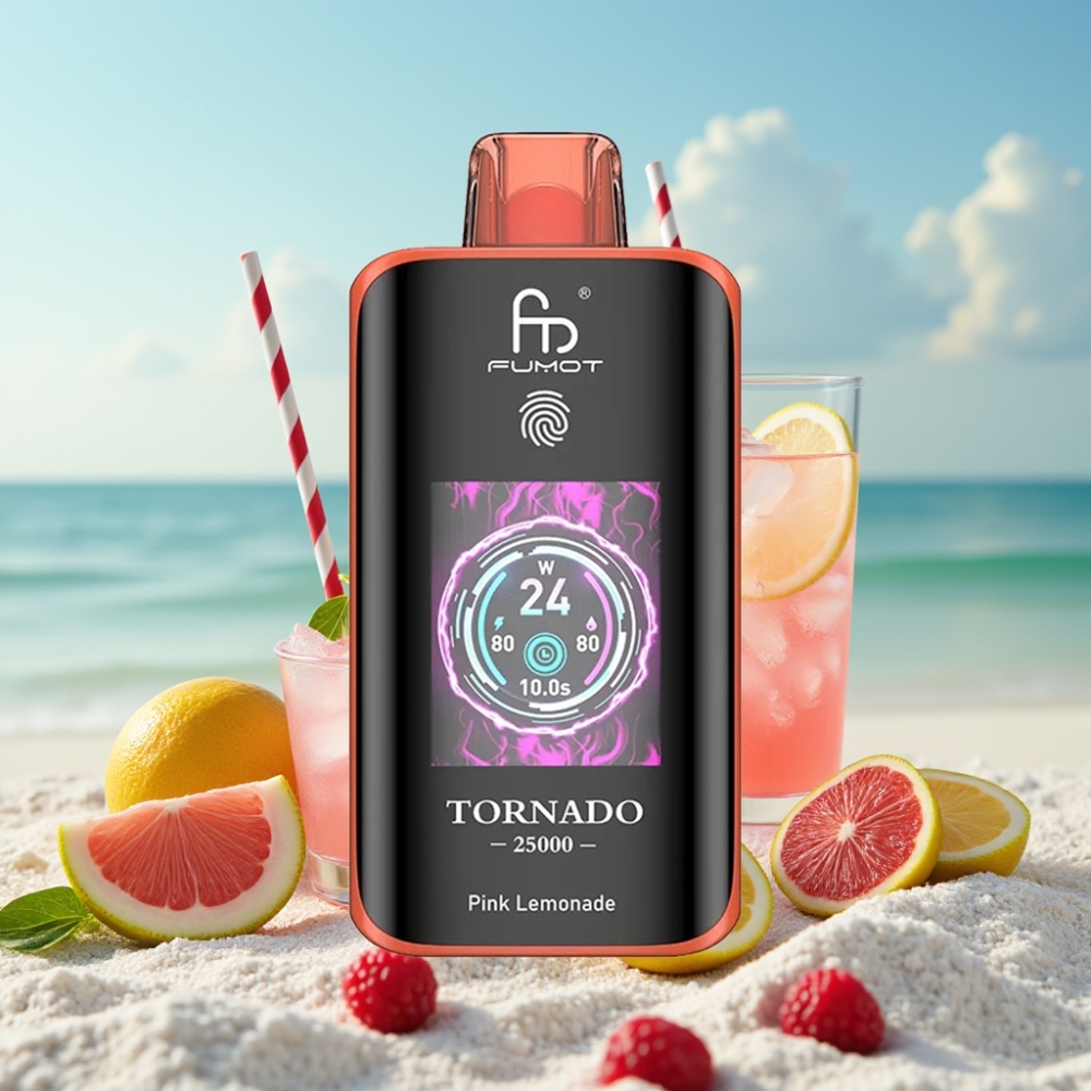 Fumot Tornado 25000 Puffs Disposable Vape Rozā Citronāde HD Ekrāns 20ml