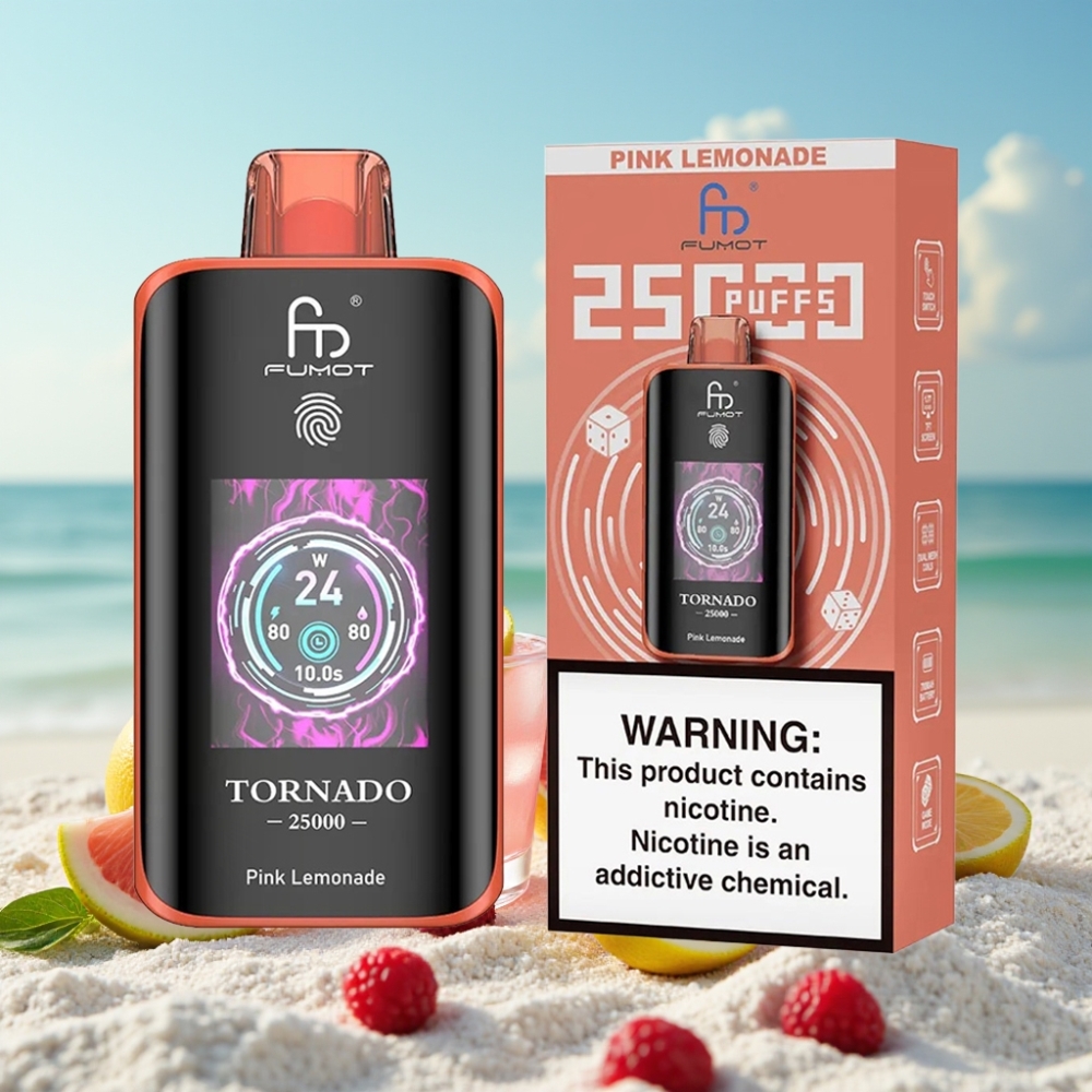Fumot Tornado 25000 Puffs Disposable Vape Rozā Citronāde HD Ekrāns 20ml