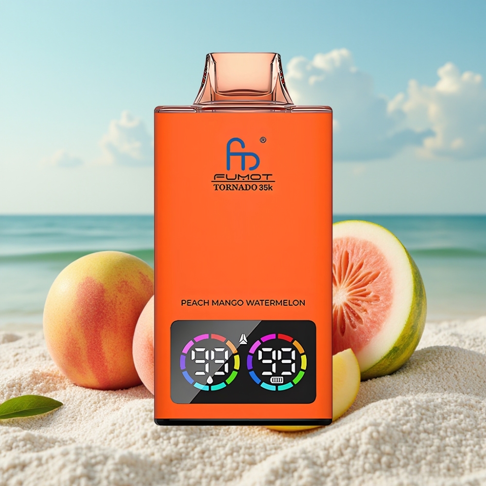 Fumot Tornado 35K Dispozablais Vape – Divu Režģu Spole RGB Gaismas Persiku Mango Ananāsu (15ml USB-C)