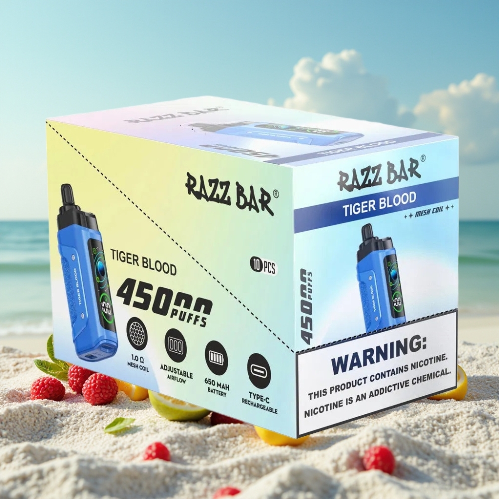 Razz Bar 45000 Puffs Disposable Vape Tīģera Asins ar 10 Ohm Mesh Coil un Type-C