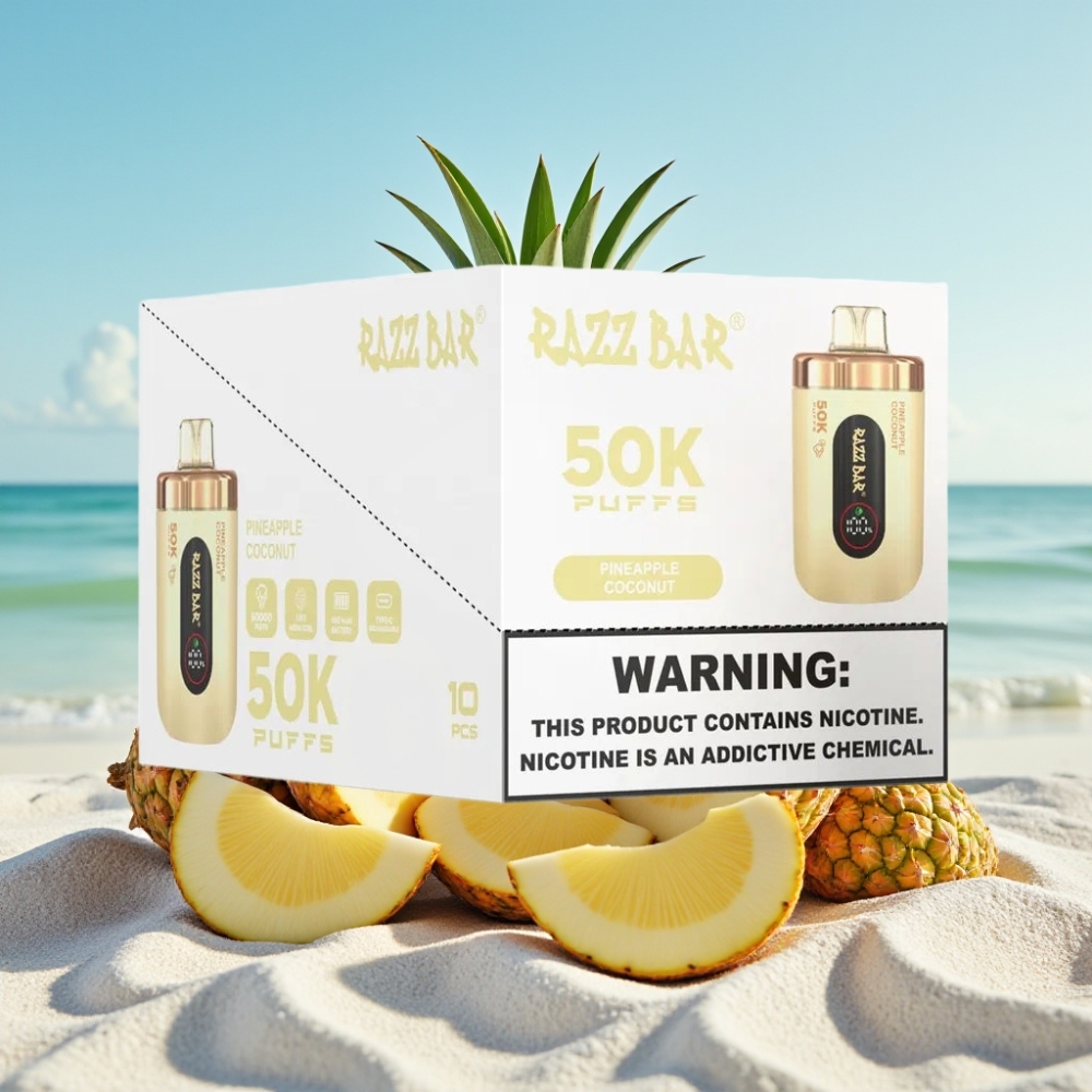 Razz Bar 50K Puffs Disposable Vape Ananāsu Kokosrieksts 10 Ohm Mesh 650mAh