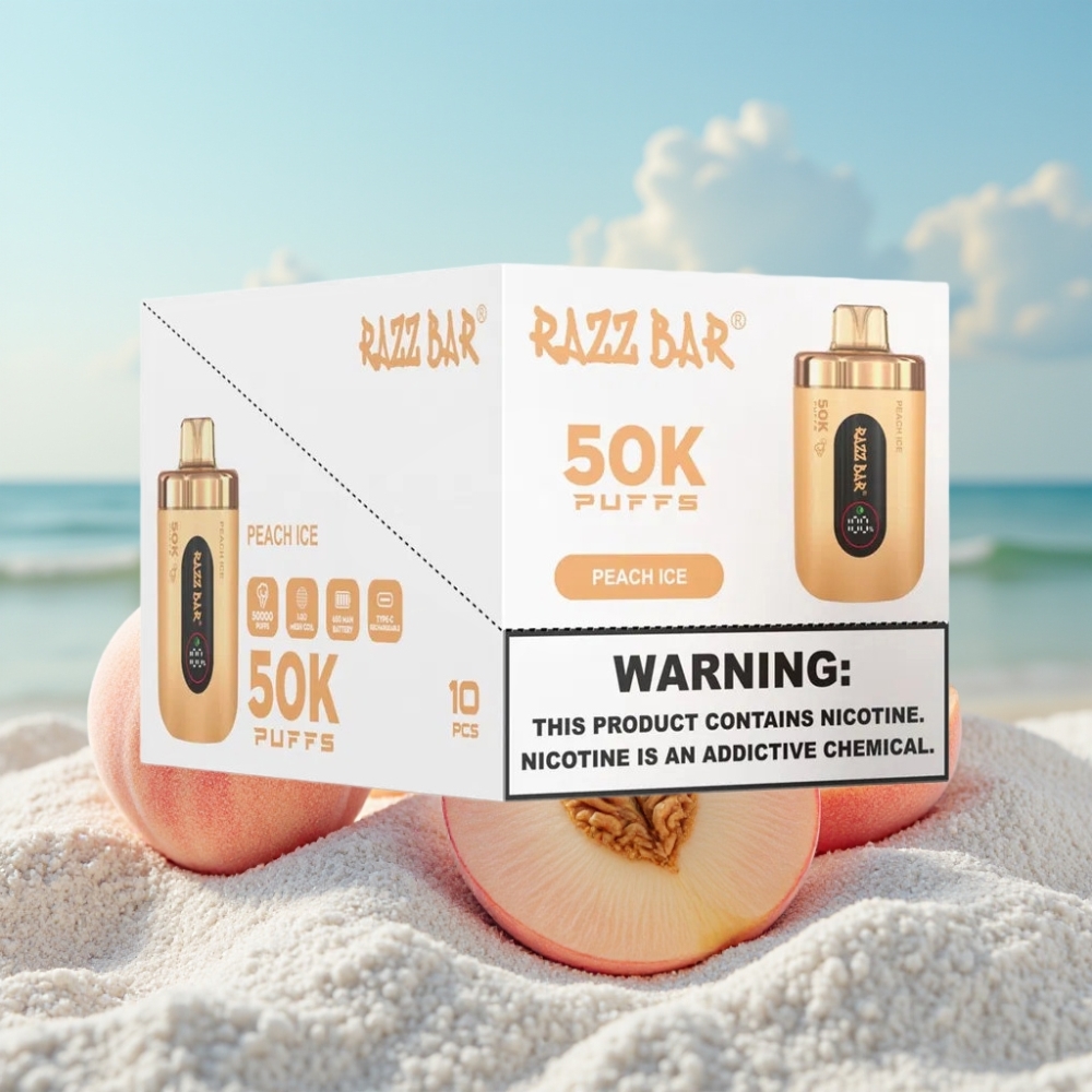Razz Bar 50K Puffs Disposable Vape Persiku Ledus 50K Puffi 10 Ohm Type-C