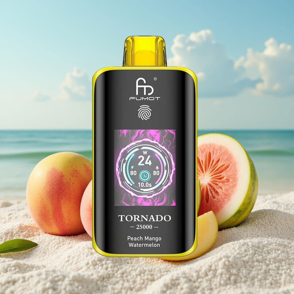 Fumot Tornado 25000 Puffs Disposable Vape Persiku Mango Arbūzs ar HD ekrānu, 20ml, Type-C